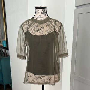 Sheer Olive Green Women's Top with Black Tank Top by DKNY Size XS